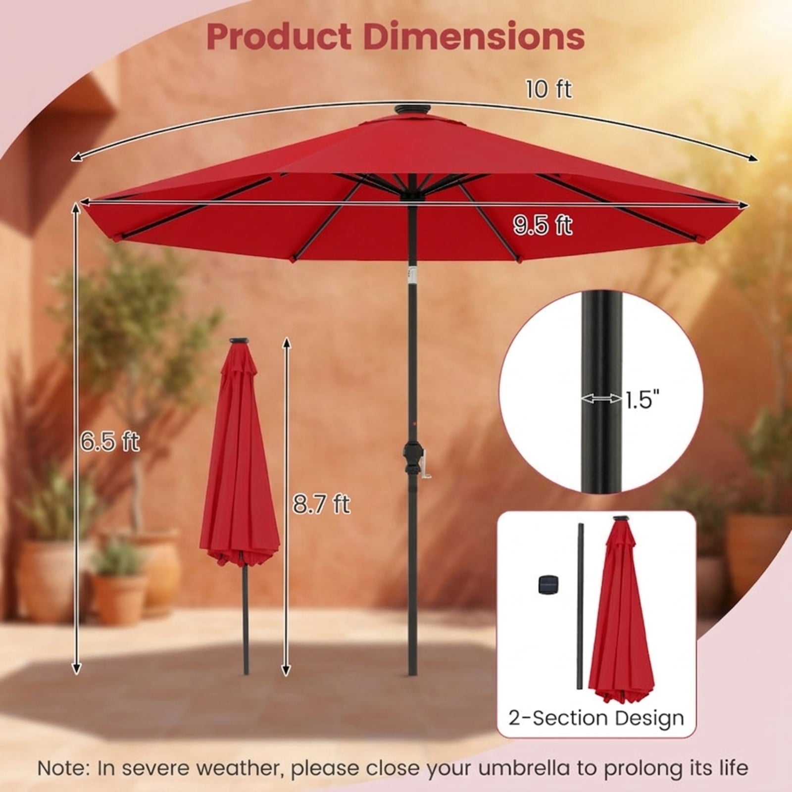 Biotree 10 ft Market Patio Umbrella with Crank and Tilt, 8 Sturdy Ribs, Vented Canopy - Red for Backyard