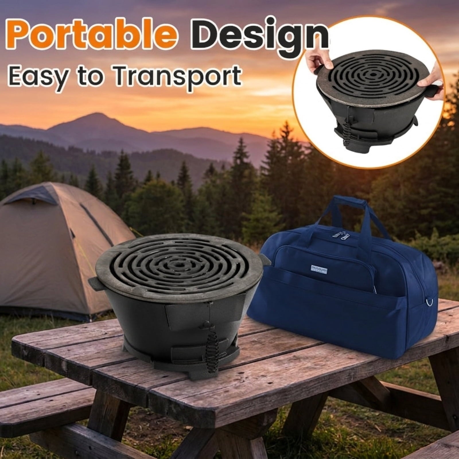 Biotree Round Hibachi Grill Outdoor Portable Charcoal Stove with 12 Inch Double-Sided Grate for Outdoor Backyard Camping Patio BBQ, Black