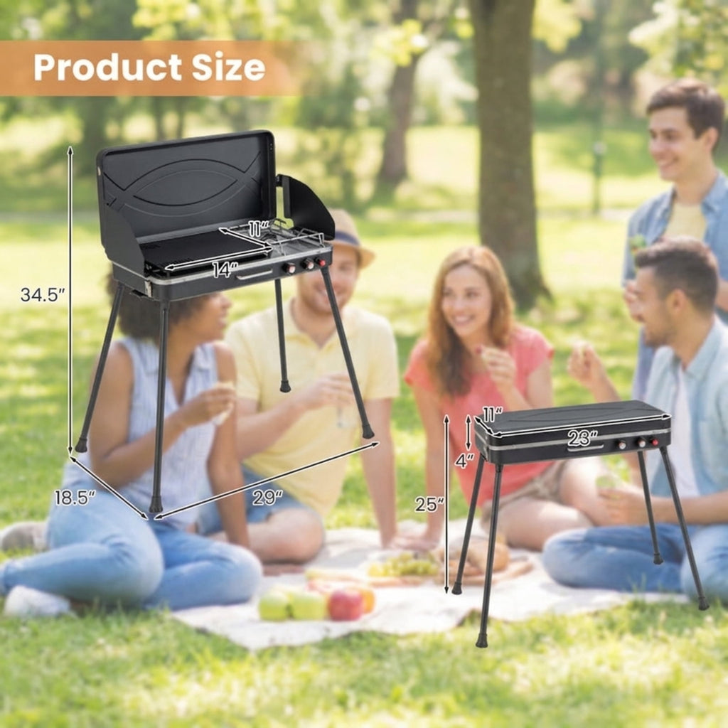 Biotree 2-in-1 Portable Gas Camping Grill and Stove, 20,000 BTU Propane Tabletop BBQ Grill, Foldable Camp Stove with Detachable Legs for Camping Picnic Backyard Black