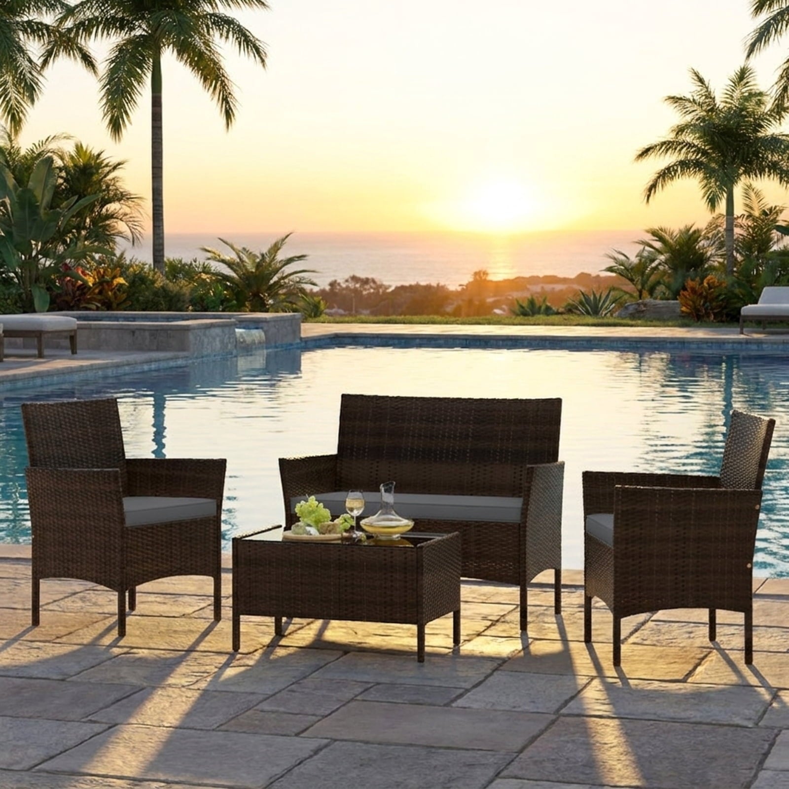 Biotree 4 Piece Patio Rattan Conversation Set with Cozy Seat Cushions Outdoor Conversation Set for Garden Backyard PorchGray