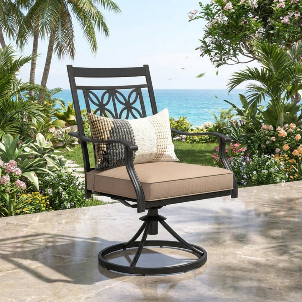 Biotree 2 Pieces Patio Swivel Chairs with Blossom Pattern Backrest and Cushions Stackable Patio Chair for Garden BackyardBlack