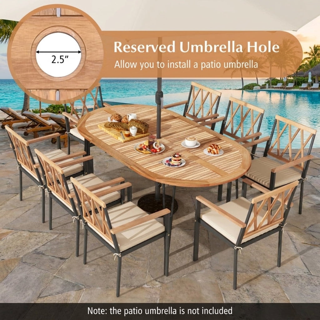 Biotree 79 Inch Oval Patio Dining Table with Umbrella Hole and Acacia Wood Tabletop for 8 People, Natural