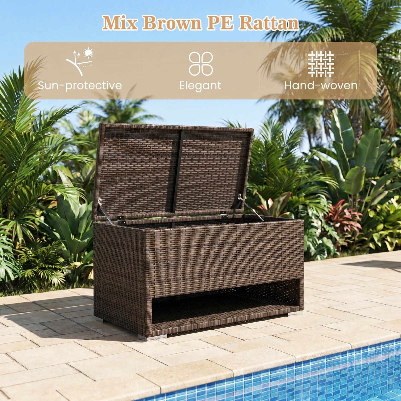 Biotree PE Rattan Storage Bin with Waterproof Liner for Patio Cushions Outdoor Waterproof for Patio Deck Garden Cushions, Brown