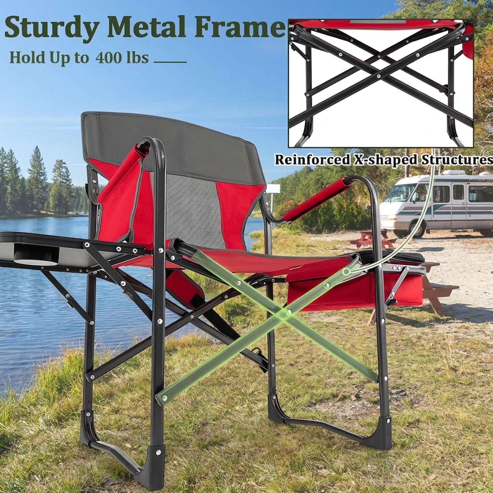 Biotree Folding Directors Camping Chair with Cooler Bag and Side Table Heavy Duty 400 lb Capacity Portable Outdoor Chair, Red