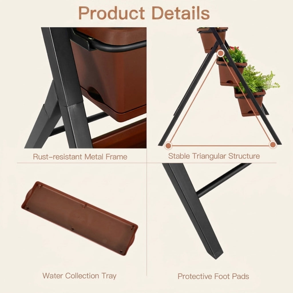Biotree 5-Tier Vertical Raised Garden Planter Box with 5 PP Containers, Cascading Drainage & Steel Frame - Brown - 22.5x29x48.5 In