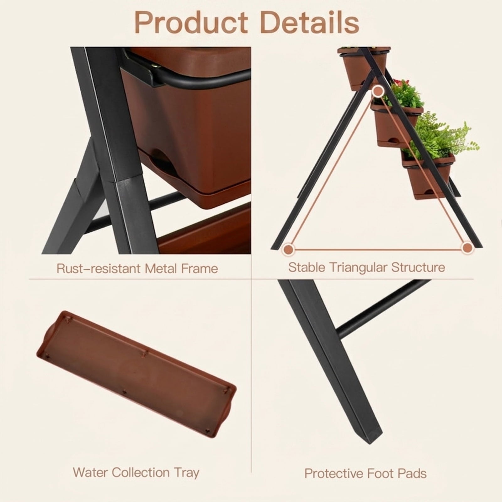 Biotree 5-Tier Vertical Raised Garden Planter Box with 5 PP Containers, Cascading Drainage & Steel Frame - Brown - 22.5x29x48.5 In