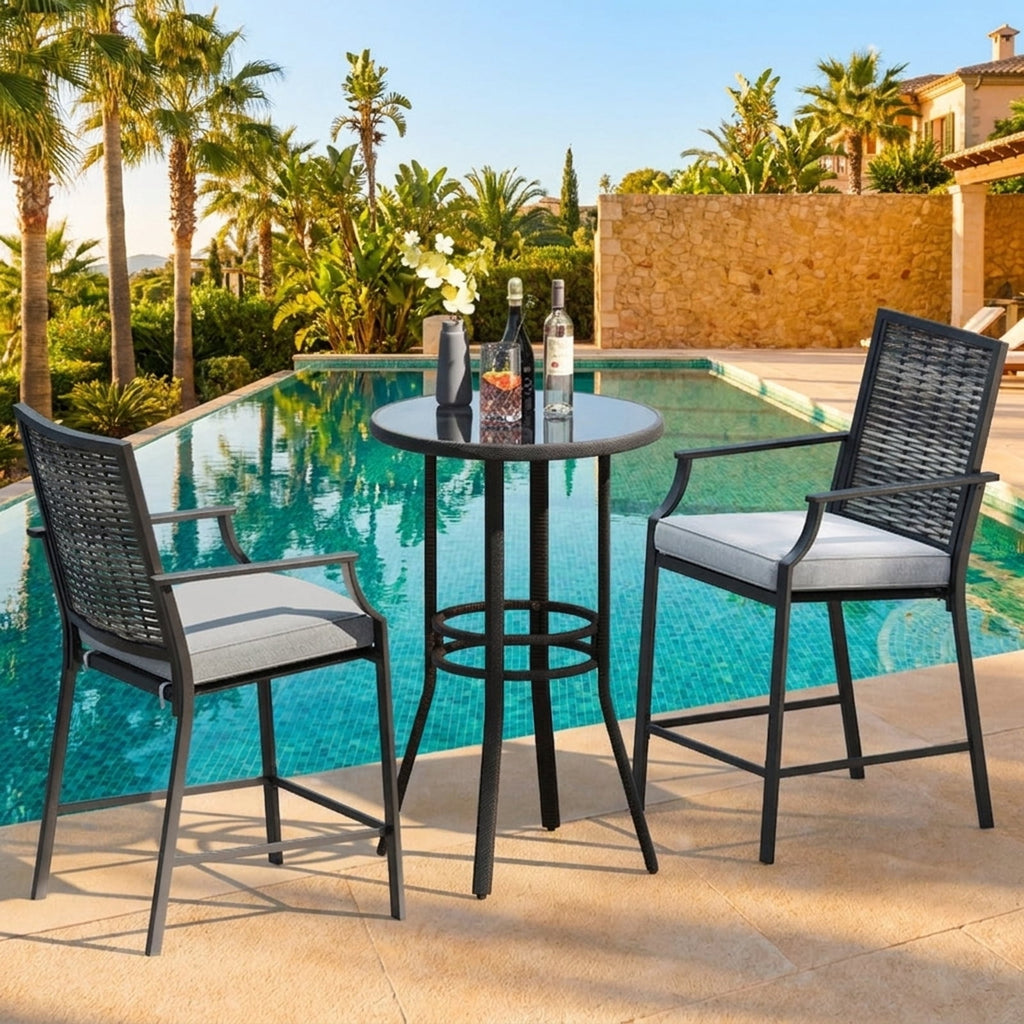 Biotree Set of 2 Patio Bar Stools 24-Inch Counter Height Wicker Bar Chairs with Cushions and Armrests, Grey