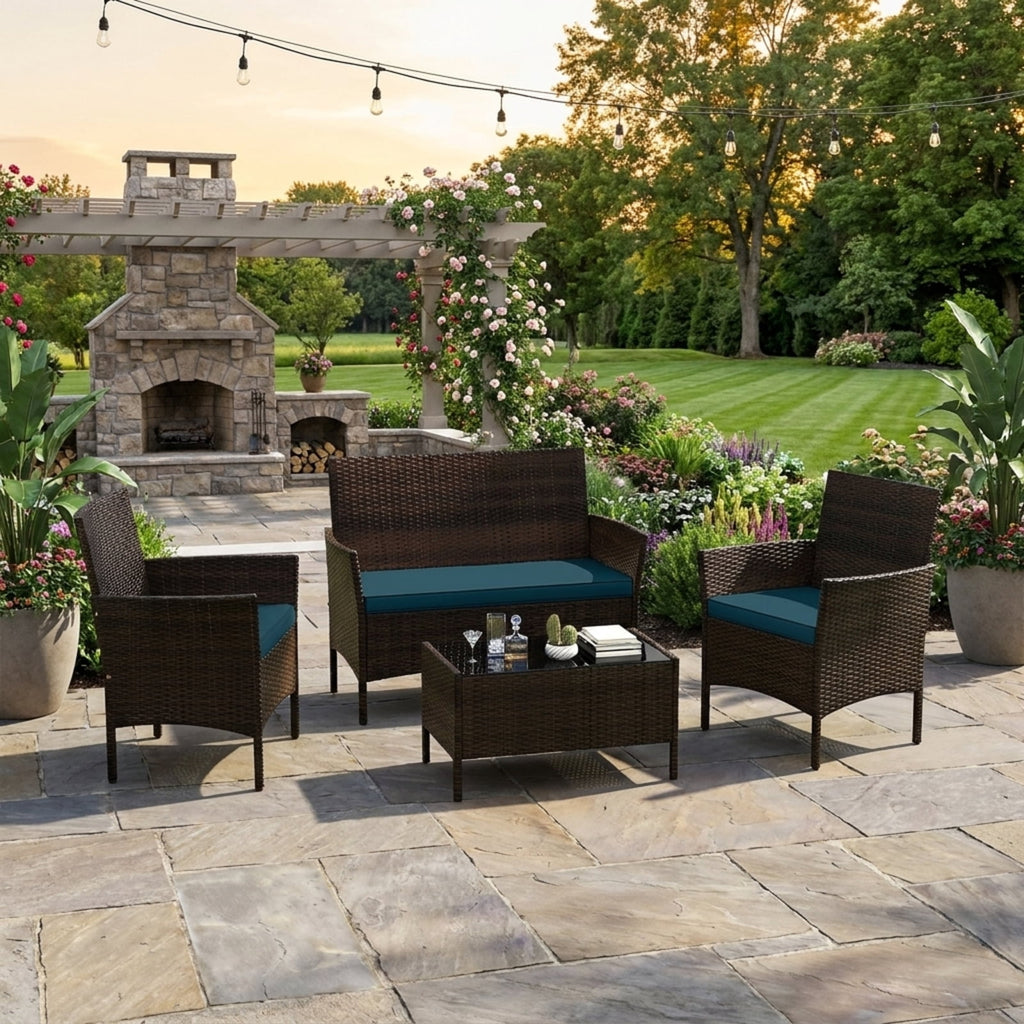 Biotree 4 Piece Patio Rattan Conversation Set with Cozy Seat Cushions Outdoor Conversation Set for Garden Backyard PorchPeacock Blue