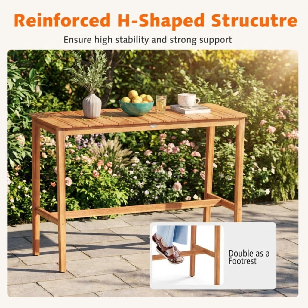 Biotree Acacia Wood Outdoor Bar Table Rectangular Patio Console Table for Backyard Garden Deck Yard Porch Restaurant, Natural