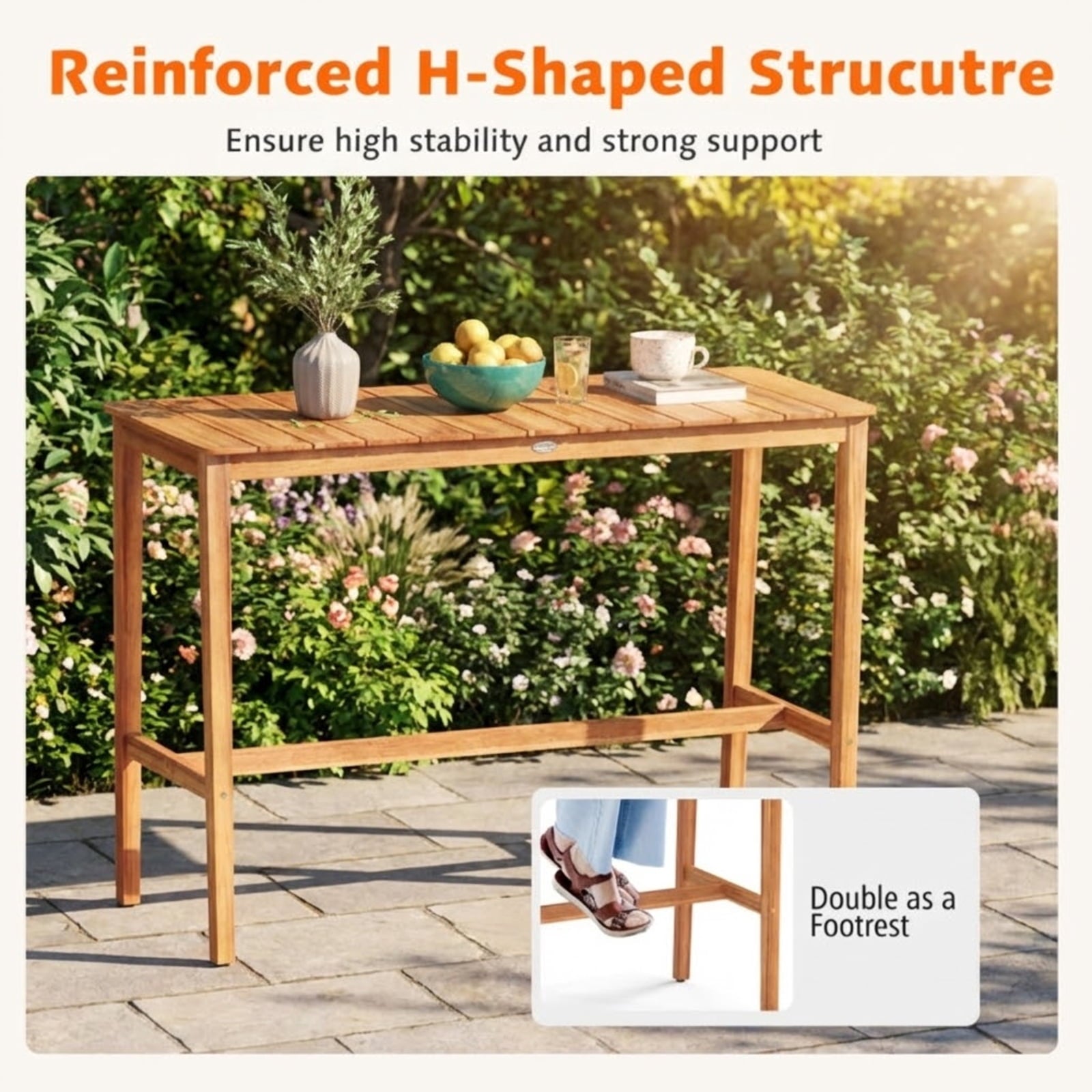 Biotree Acacia Wood Outdoor Bar Table Rectangular Patio Console Table for Backyard Garden Deck Yard Porch Restaurant, Natural