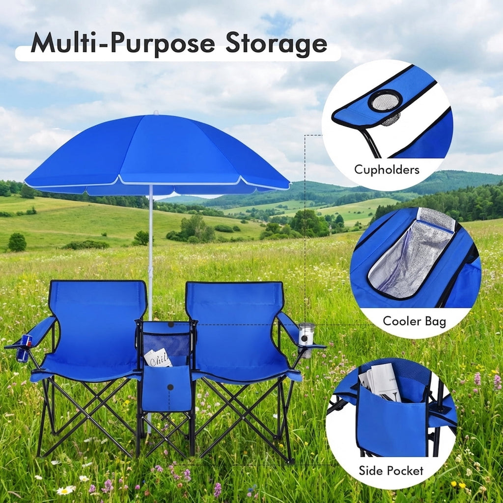 Biotree Double Camping Chair with Removable Umbrella Portable Folding Loveseat with Cooler Bag and Cup Holders for Beach Picnic, Blue