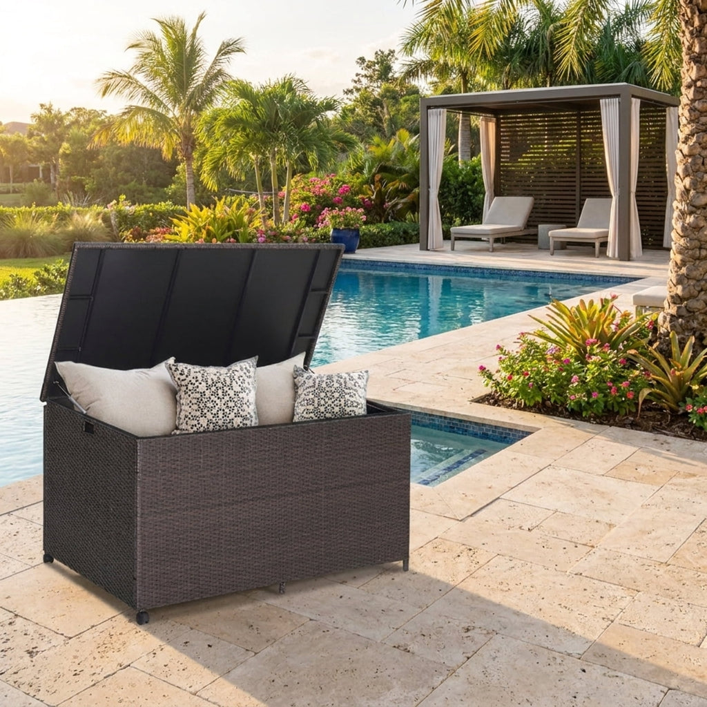 Biotree Outdoor Wicker Storage Box with Zippered Liner-133 Gallon Outdoor Waterproof for Patio Deck Garden Cushions, Brown