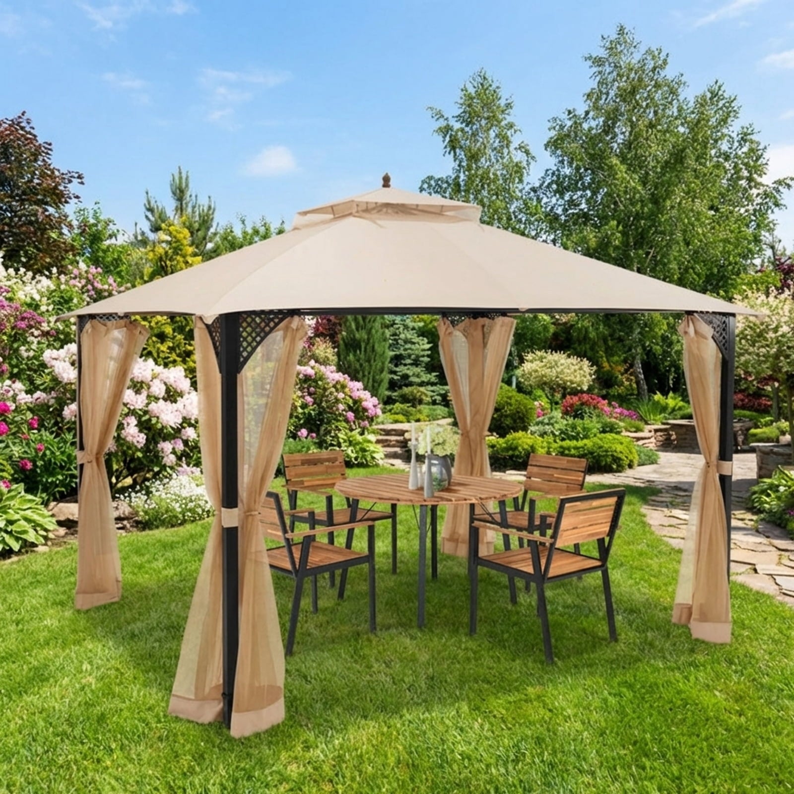 Biotree 10 x 12 Feet Gazebo Replacement Top with Air Vent and Drainage Holes Beige - Instant Setup Outdoor Shade Tent for Camping Parties