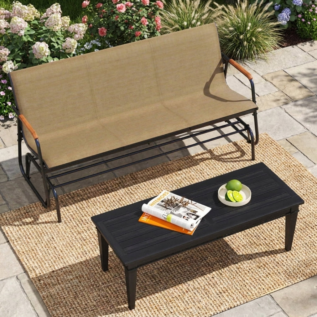 Biotree Patio Glider Bench with Curved Teak Armrests and Breathable Fabric Seat for 3 People Stackable Patio Chair for Garden BackyardBrown