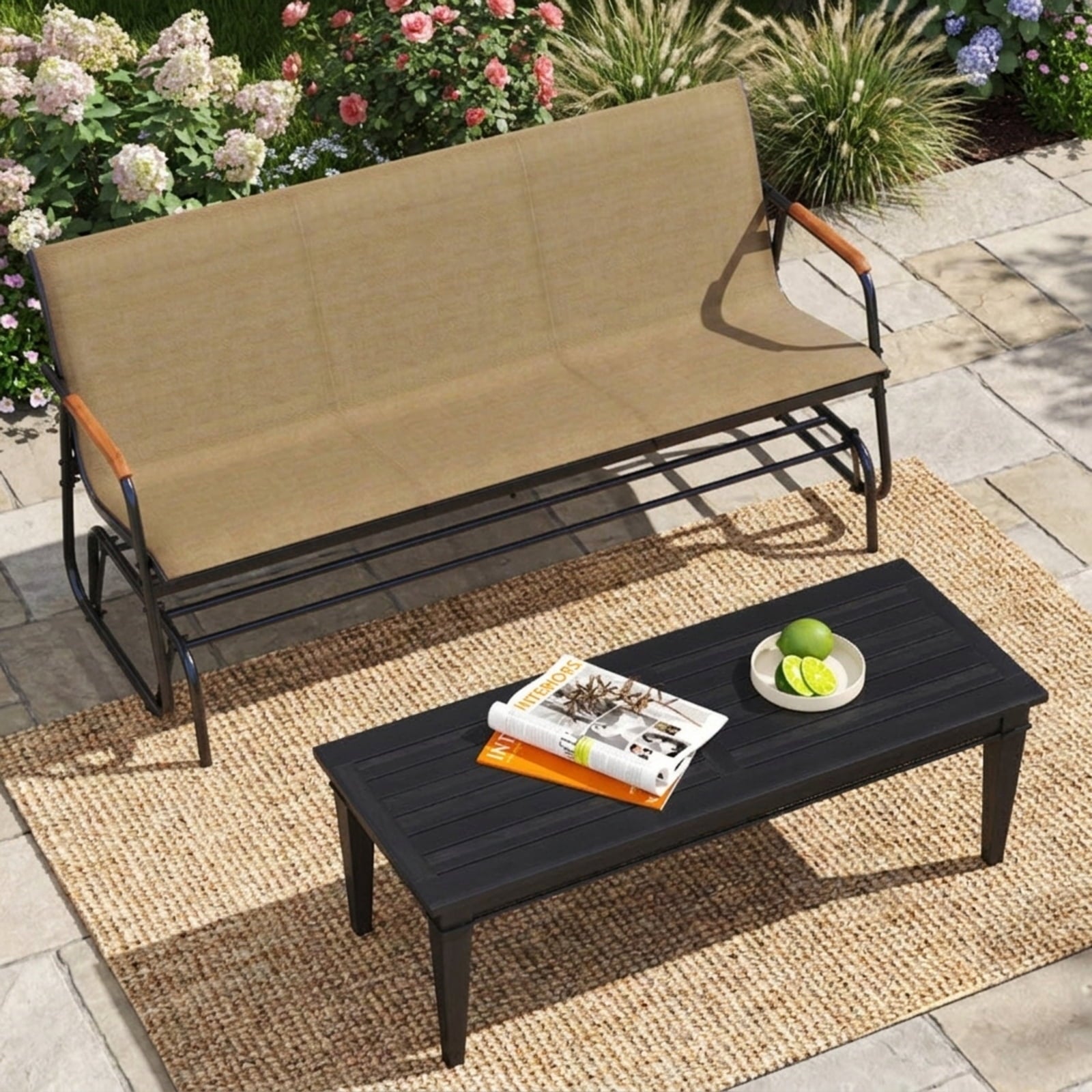 Biotree Patio Glider Bench with Curved Teak Armrests and Breathable Fabric Seat for 3 People Stackable Patio Chair for Garden BackyardBrown