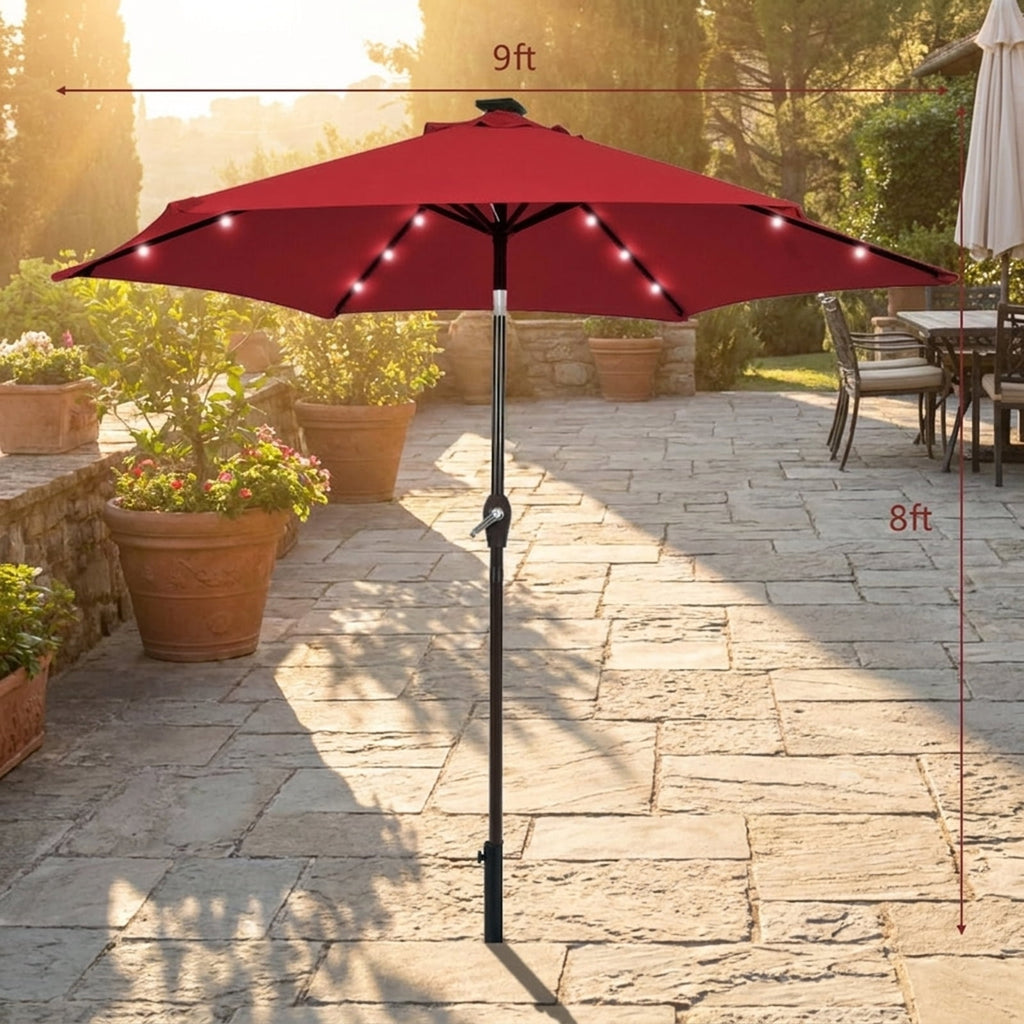 Biotree 9 ft Solar LED Market Patio Umbrella with Crank and Tilt, 6 Sturdy Ribs, Vented Canopy - Walnut