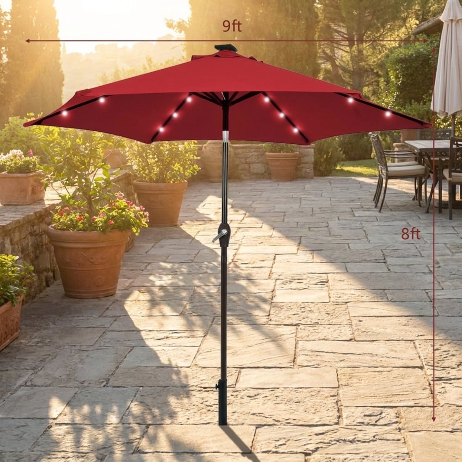 Biotree 9 ft Solar LED Market Patio Umbrella with Crank and Tilt, 6 Sturdy Ribs, Vented Canopy - Walnut