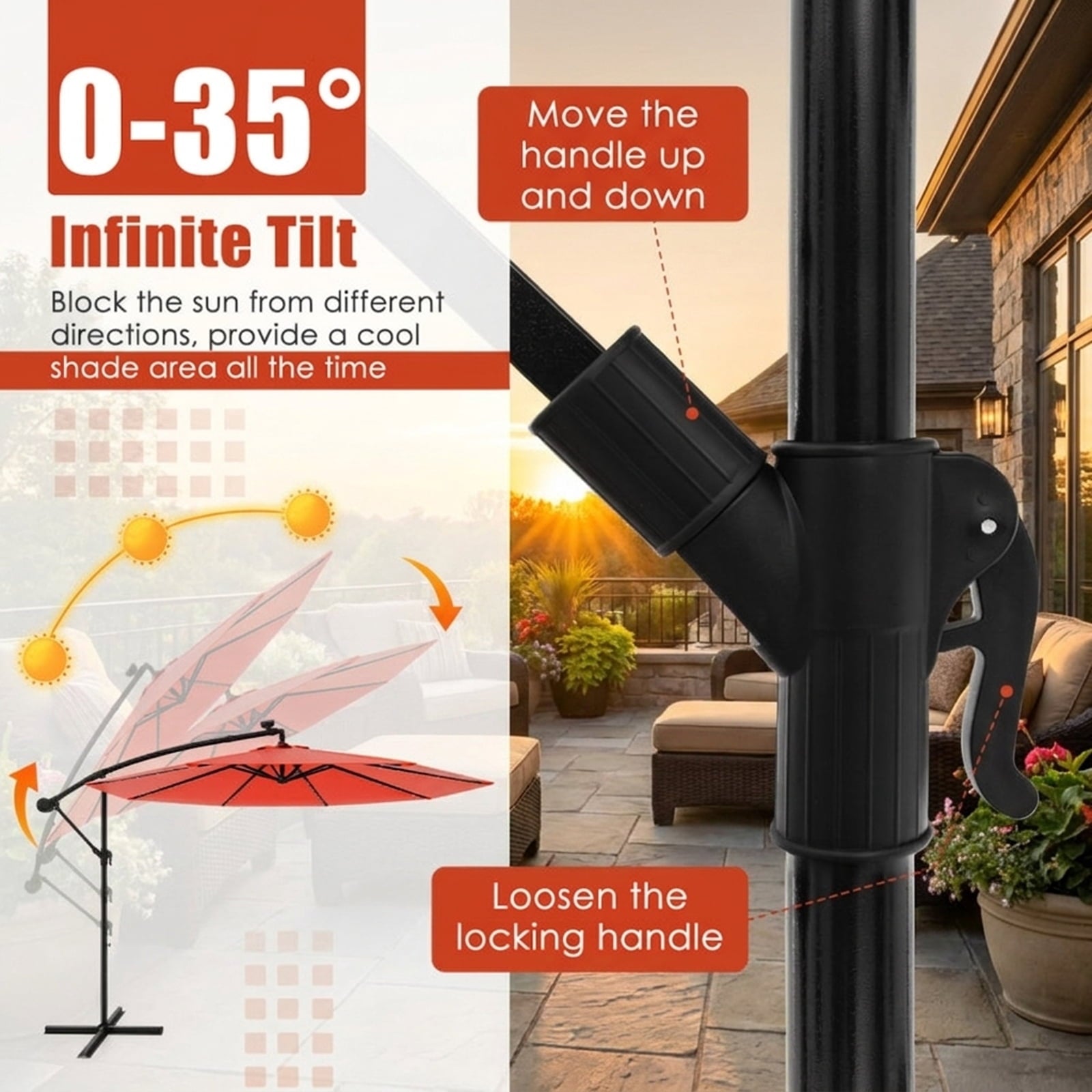 Biotree 10 ft Cantilever Offset Patio Umbrella Solar Powered Outdoor Shade - Orange - UV Protection with Cross Base