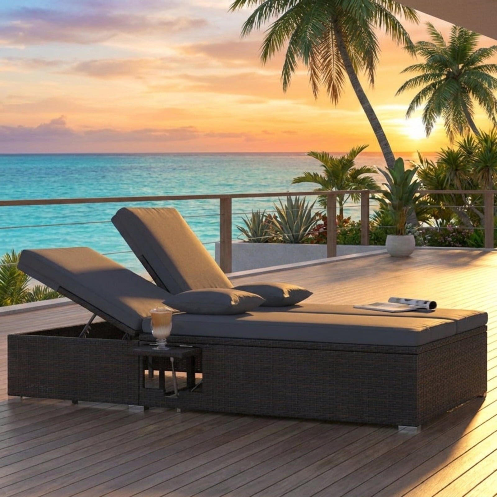 Biotree Patio Double Chaise Lounge with Cushions and Folding Side Trays Stackable Patio Chair for Garden BackyardGray
