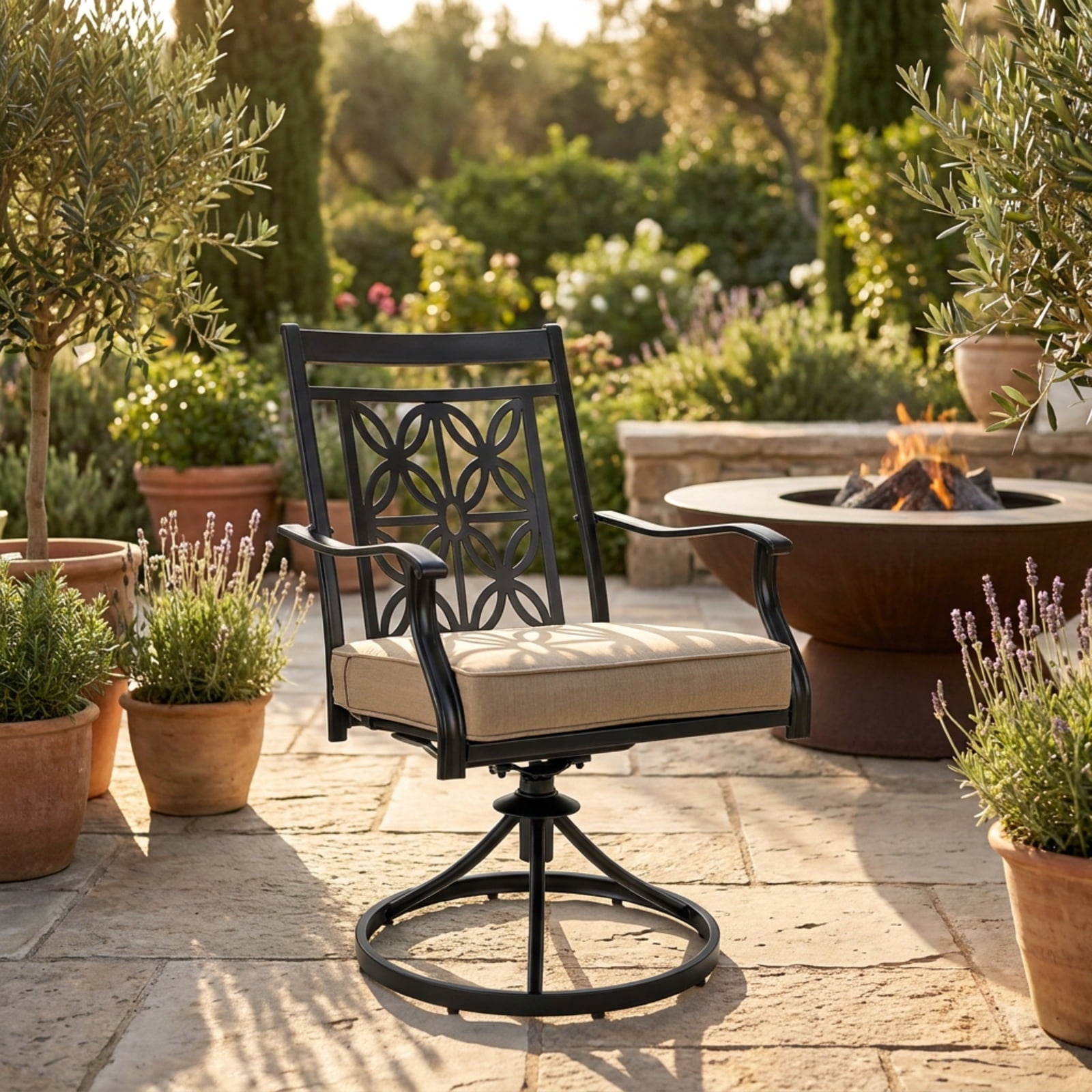 Biotree 2 Pieces Patio Swivel Chairs with Blossom Pattern Backrest and Cushions Stackable Patio Chair for Garden BackyardBlack