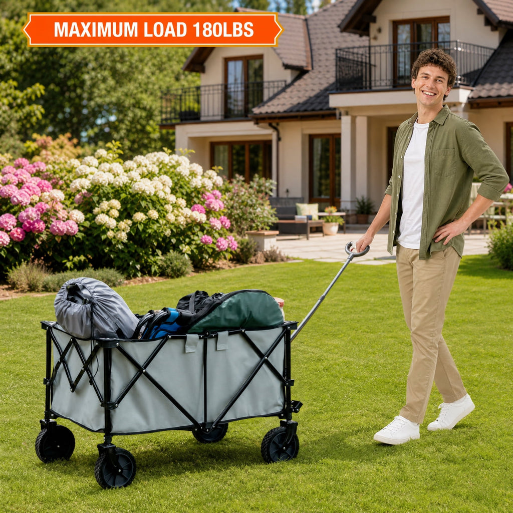 Biotree Collapsible Garden Wagon with 180 lb Capacity, Adjustable Handle, All-Terrain Wheels and Carry Bag for Camping and Shopping, Gray