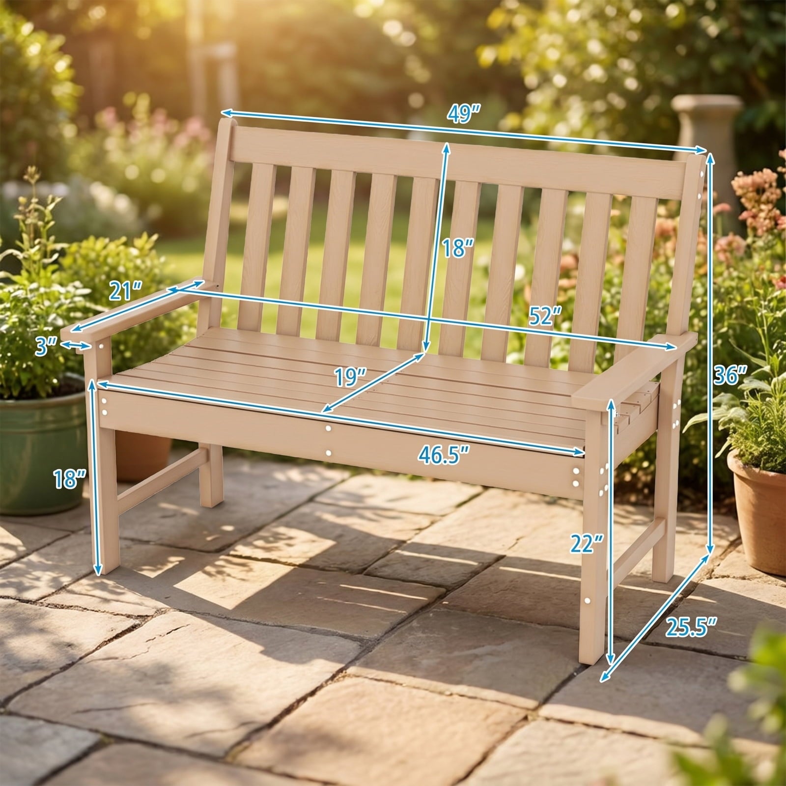 Biotree 52 Inch All-Weather HDPE Outdoor Bench with Backrest and Armrests Stackable Patio Chair for Garden BackyardTeak