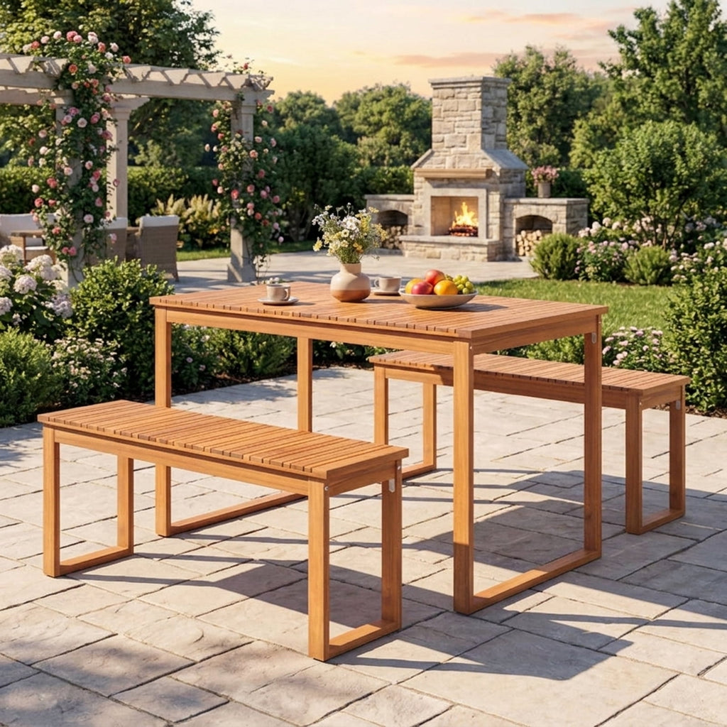 Biotree Acacia Wood Outdoor Garden Bench Set of 1/2 with Slatted Seat for Front Porch-Set of 2Natural